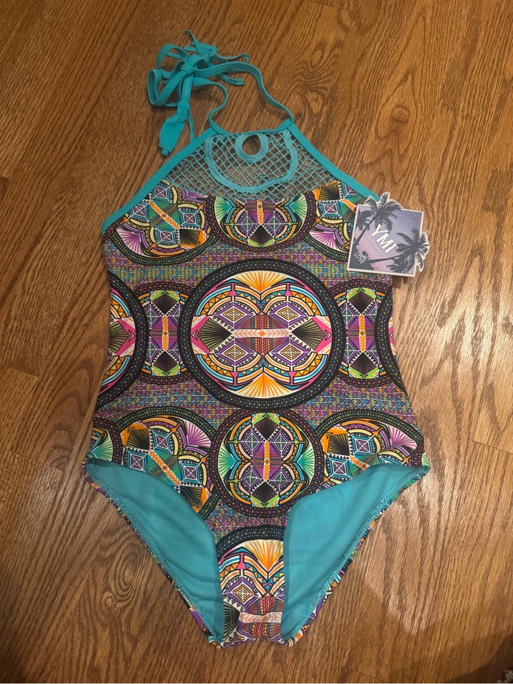 YMI Turquoise Multi-Color Mosaic Halter One-Piece Swimsuit